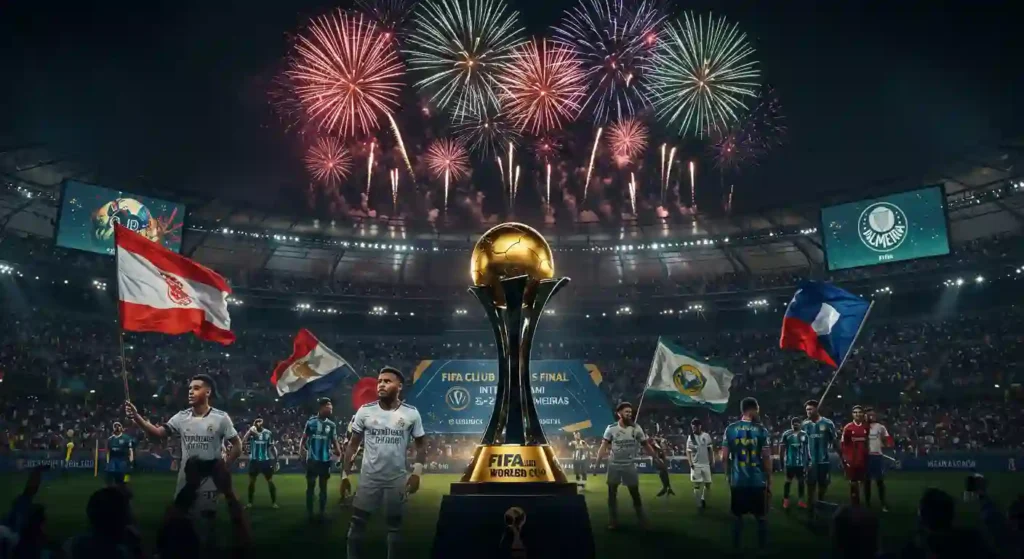 FIFA Club World Cup trophy with fireworks and cheering fans in stadium