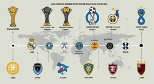 Timeline infographic showing FIFA Club World Cup evolution from 2000 to 2025