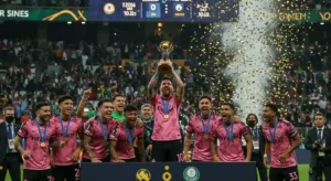 Inter Miami players celebrating 2025 FIFA Club World Cup Winners victory with Messi lifting trophy