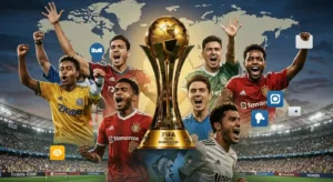 Global football fans celebrating FIFA Club World Cup around golden trophy