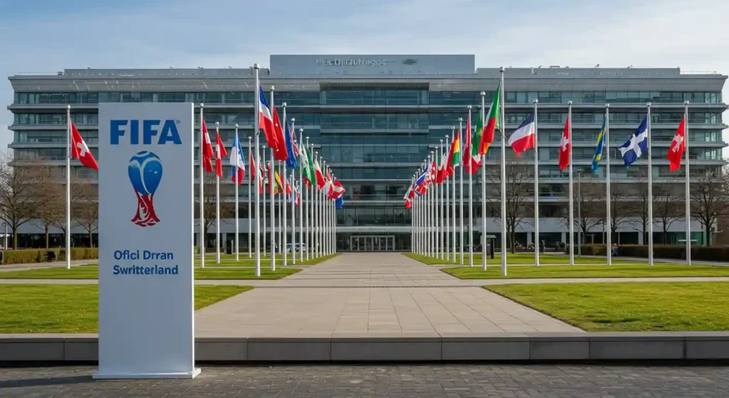 FIFA headquarters with logo and international flags