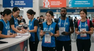 FIFA volunteers helping fans and media at stadium