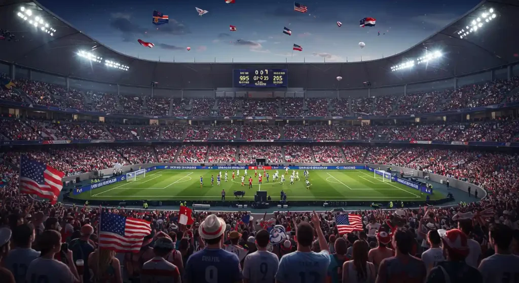 FIFA Cup Football 2025 match in a packed U.S. stadium with international fans and top club teams playing