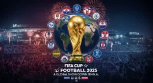 FIFA Cup 2025 trophy with global team logos and U.S. stadium background