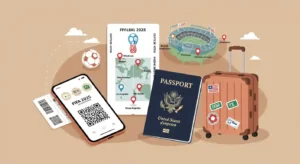 FIFA 2025 match ticket with U.S. travel map and stadium locations
