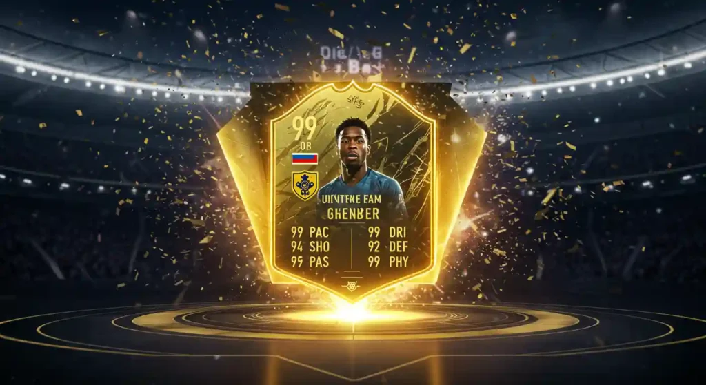 FIFA pack being opened with glowing effects and confetti in a virtual stadium