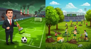 Split scene showing fake greenwashing and real eco-friendly actions