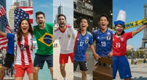 Fans wearing FIFA World Cup jerseys in local settings