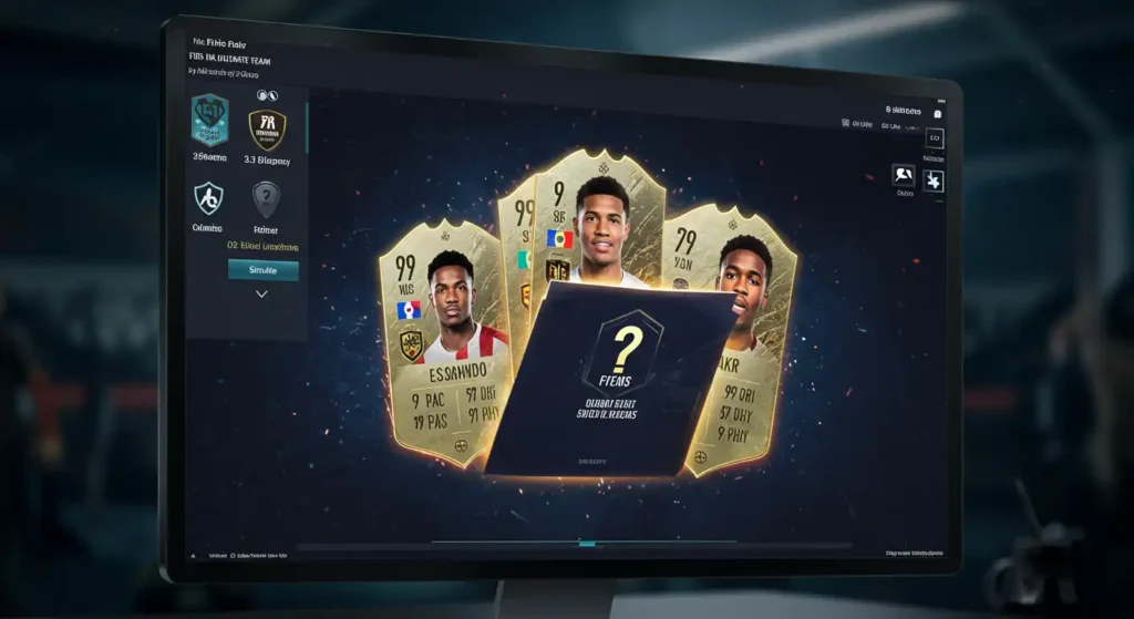 Virtual FIFA Ultimate Team pack opening on a gaming screen with question mark cards