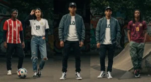 Stylish fans wearing FIFA World Cup jerseys with streetwear