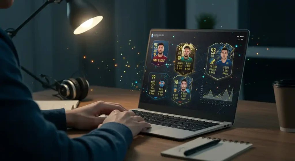 Gamer analyzing FIFA pack results on a laptop with strategy charts and FUT cards