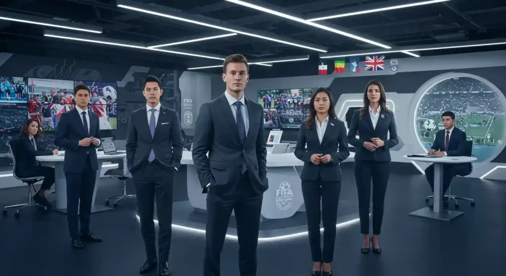 Young professionals exploring FIFA careers in a global office setting