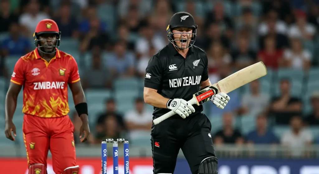 New Zealand cricketer batting against Zimbabwe in a high-stakes match.