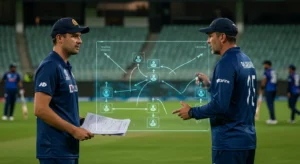 Cricket coach and captain discussing team strategy on a tactical board.