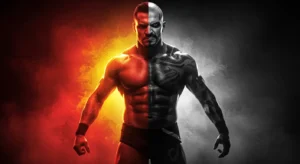 Split image of wrestler in heroic red and yellow vs. villainous black and white