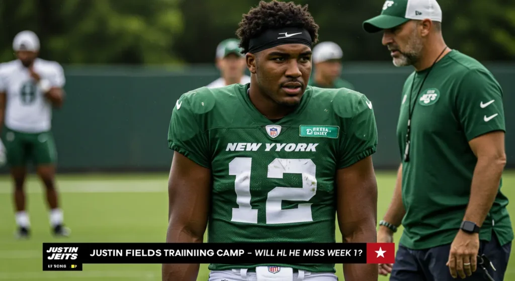Justin Fields injured during Jets training camp, looking concerned on field.