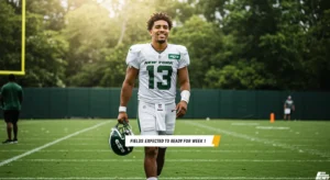 Justin Fields walking confidently at Jets training camp after minor injury.