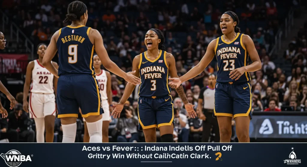 Indiana Fever players celebrate win over Las Vegas Aces in high-energy WNBA matchup.