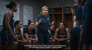 Coach Stephanie White motivates Indiana Fever players in intense halftime locker room talk.