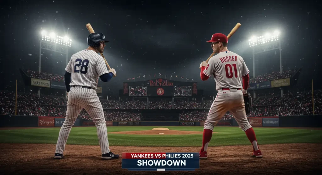 Yankees and Phillies players face off under stadium lights in dramatic baseball showdown.