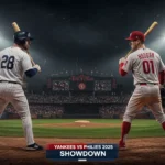 Yankees and Phillies players face off under stadium lights in dramatic baseball showdown.