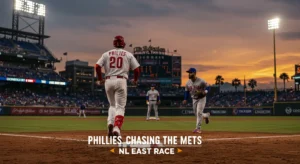 Phillies player races bases with Mets fielder in pursuit during NL East rivalry