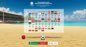 Official match schedule graphic for FIFA Beach Soccer World Cup 2025 with team flags and dates.