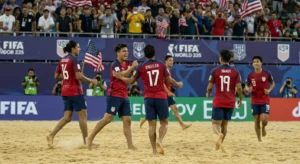 USA beach soccer players celebrating a goal at FIFA Beach Soccer World Cup 2025