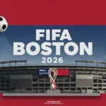 Boston with FIFA World Cup 2026 theme, USA flag, and soccer ball illustration