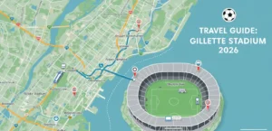 Map illustration showing travel routes from Boston to Gillette Stadium for FIFA World Cup 2026