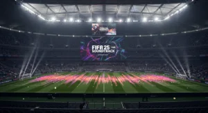 Futuristic football stadium with glowing lights and music waves across the field