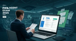 FIFA Agent Exam 2025 online test with FIFA branding on laptop