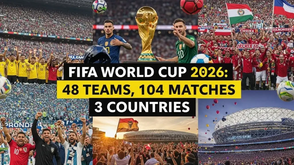 FIFA World Cup 2026 guide featuring trophy and host cities across USA, Canada, and Mexico